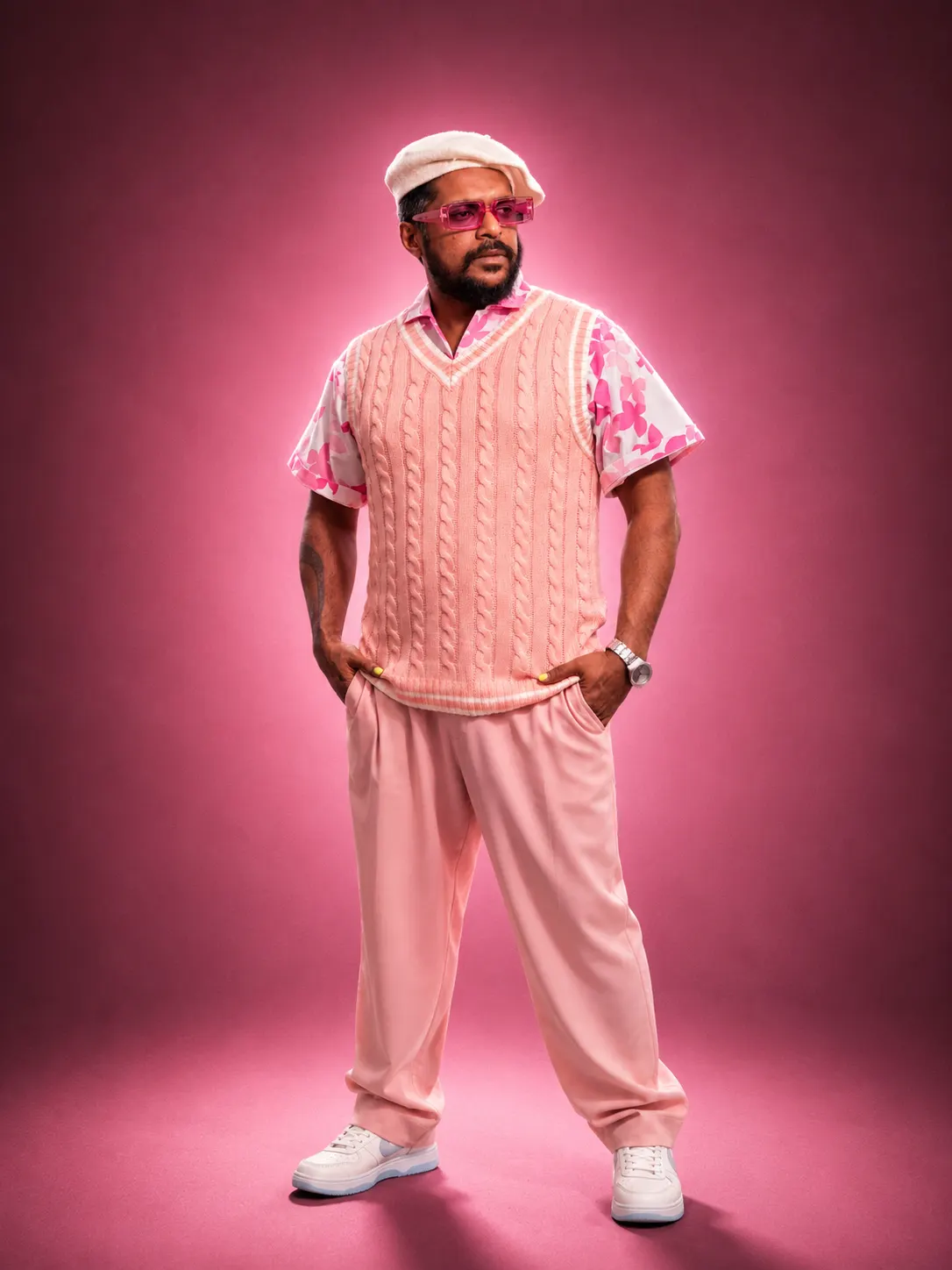 La Signore in pink: beret, pink glasses, cable-knit vest